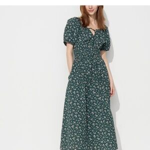 NWT Uniqlo 100% Cotton Green Floral Maxi Dress with Pockets Size S